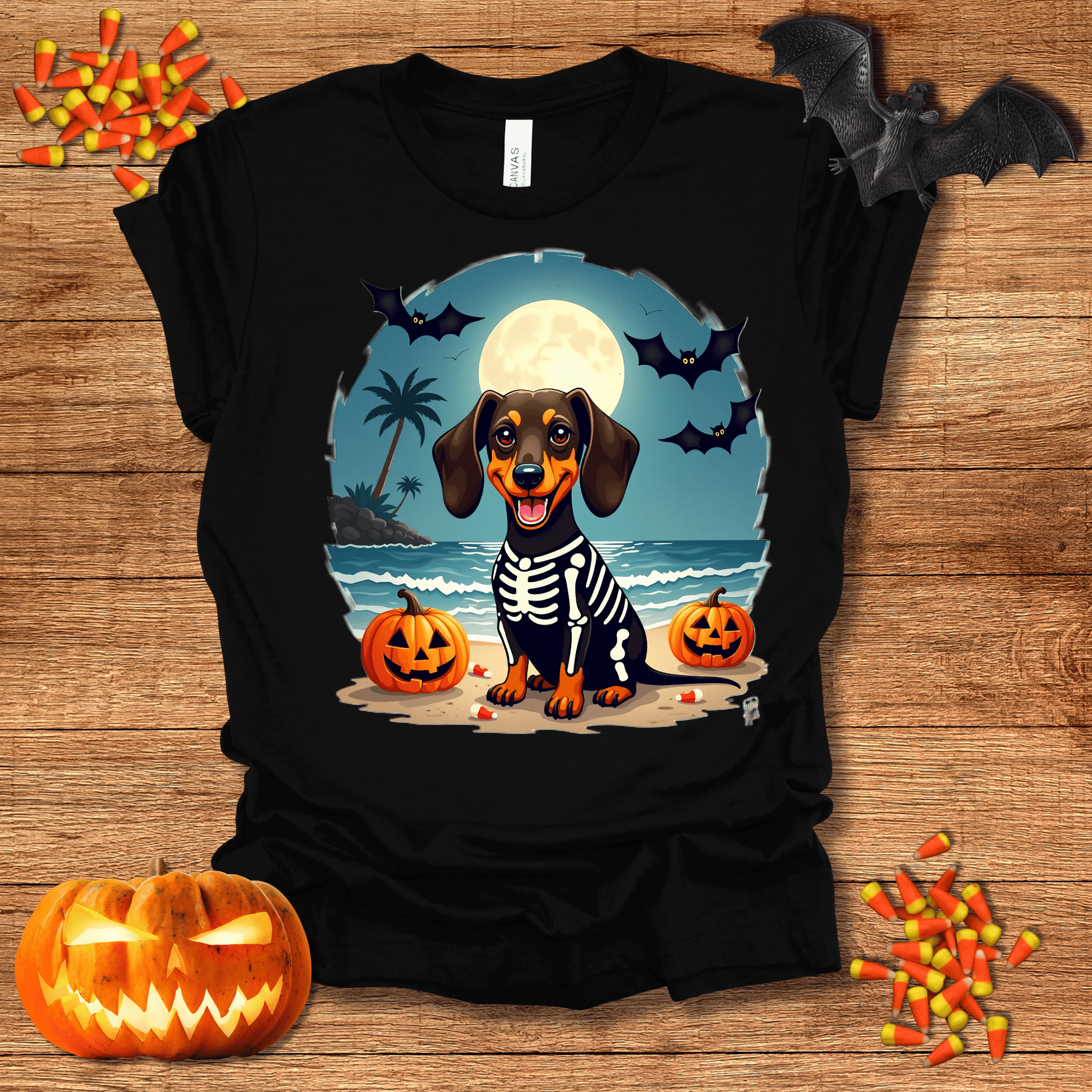 Printify T-Shirt 122_Dachshund Skeleton Halloween Unisex Jersey Short Sleeve Tee