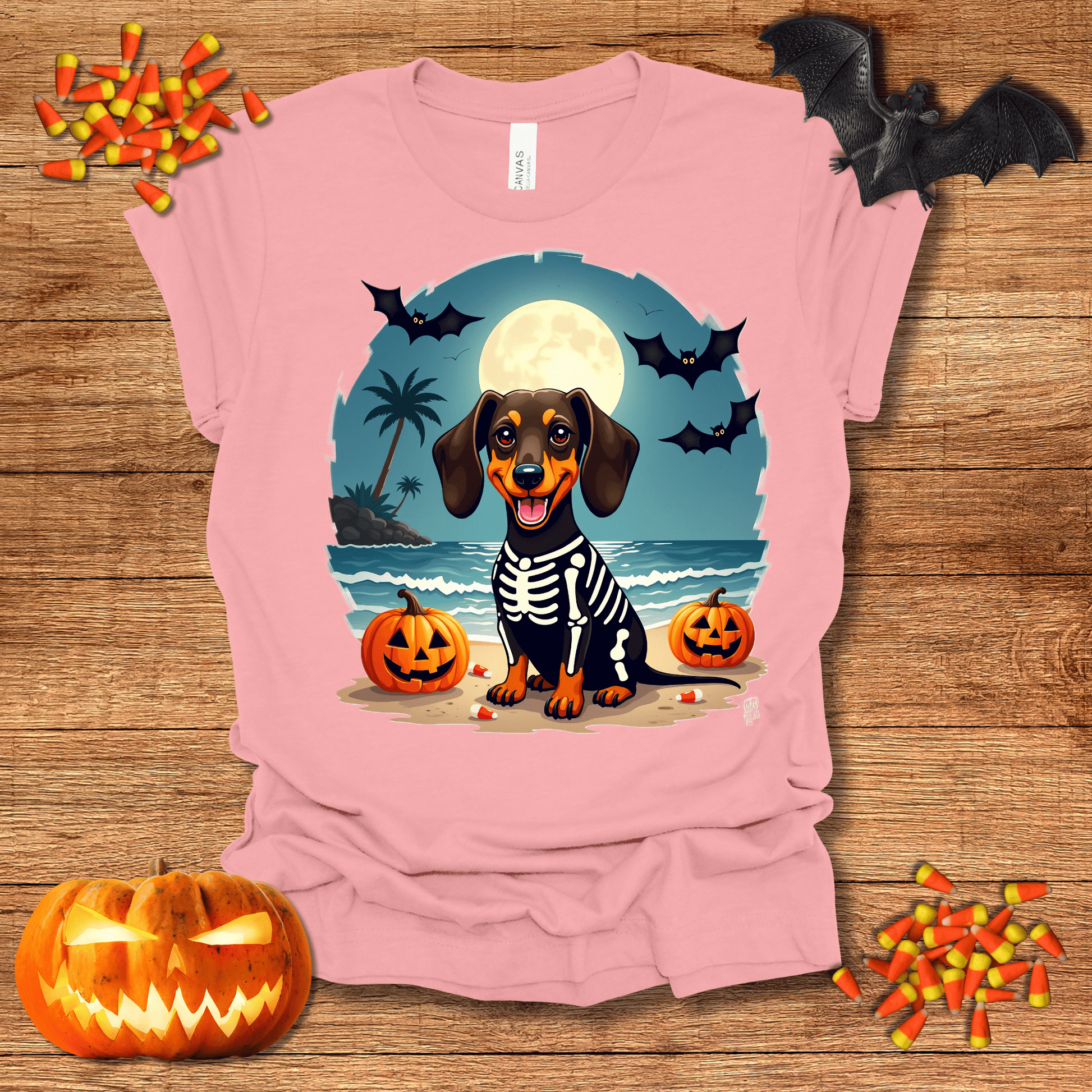 Printify T-Shirt 122_Dachshund Skeleton Halloween Unisex Jersey Short Sleeve Tee