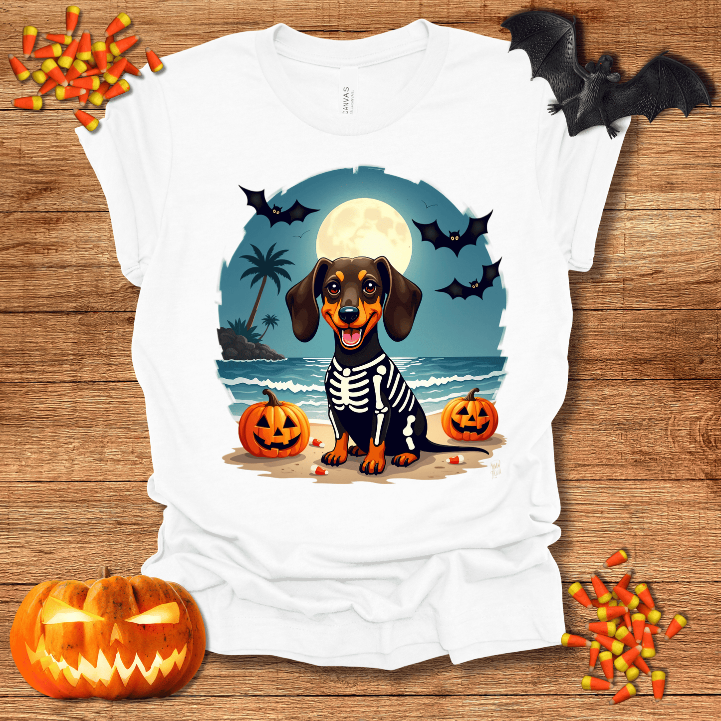 Printify T-Shirt 122_Dachshund Skeleton Halloween Unisex Jersey Short Sleeve Tee