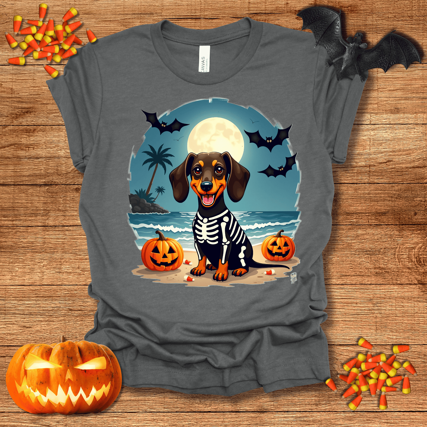 Printify T-Shirt 122_Dachshund Skeleton Halloween Unisex Jersey Short Sleeve Tee