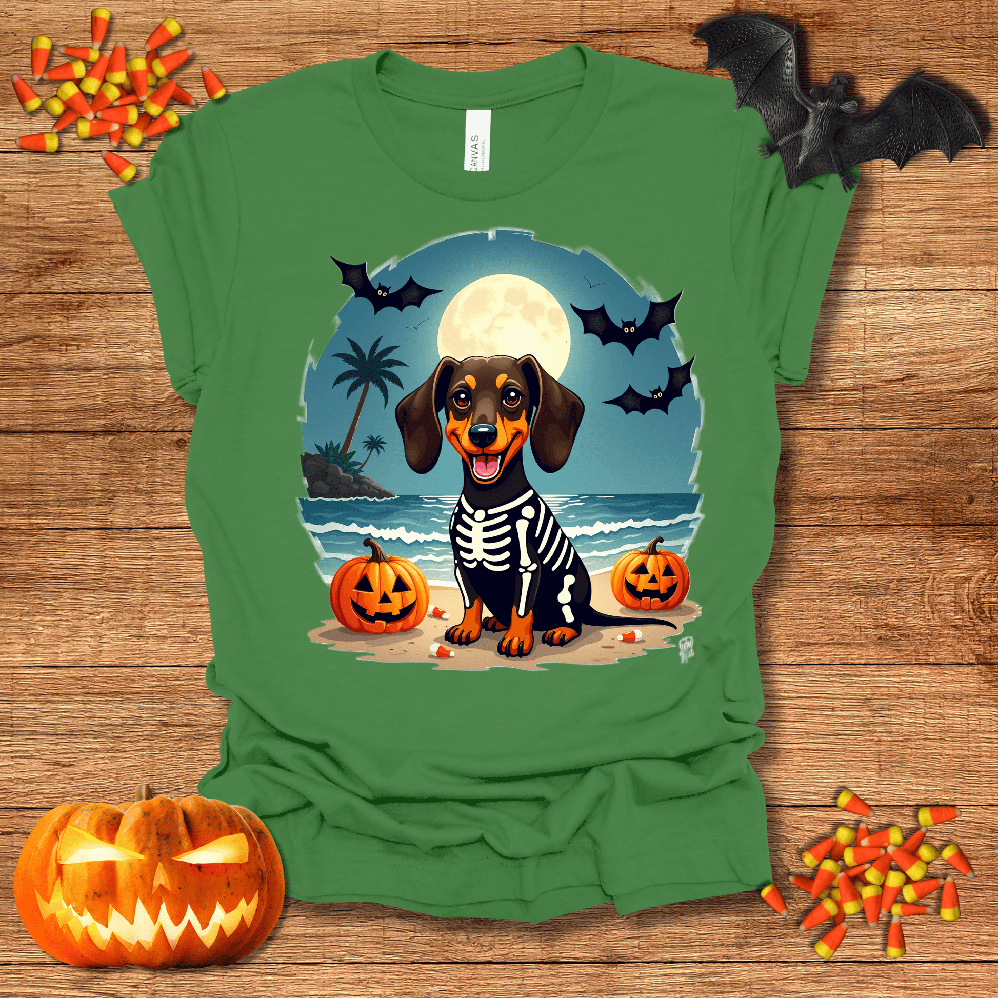 Printify T-Shirt 122_Dachshund Skeleton Halloween Unisex Jersey Short Sleeve Tee