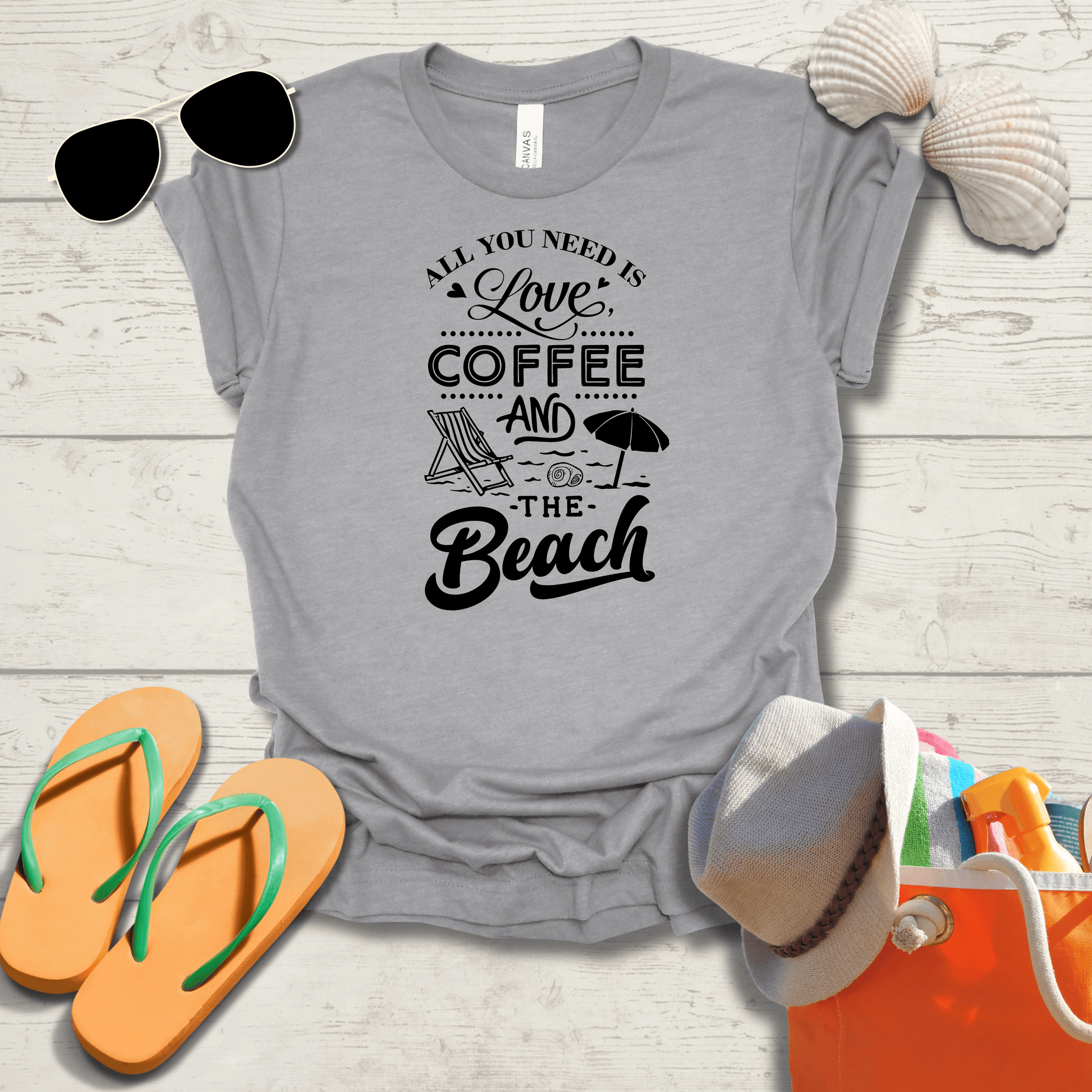 Printify T-Shirt All You Need Is Love Coffee and the Beach Unisex Jersey Short Sleeve Tee