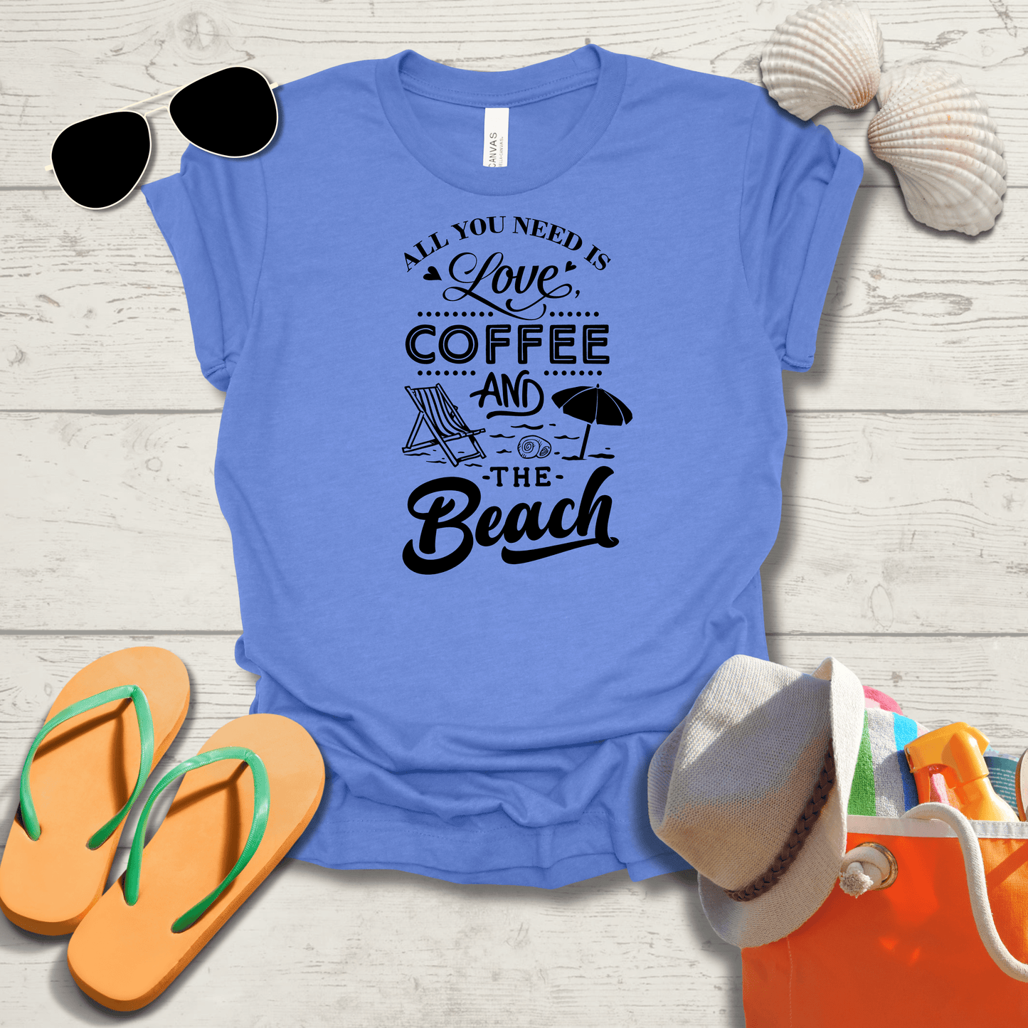 Printify T-Shirt All You Need Is Love Coffee and the Beach Unisex Jersey Short Sleeve Tee