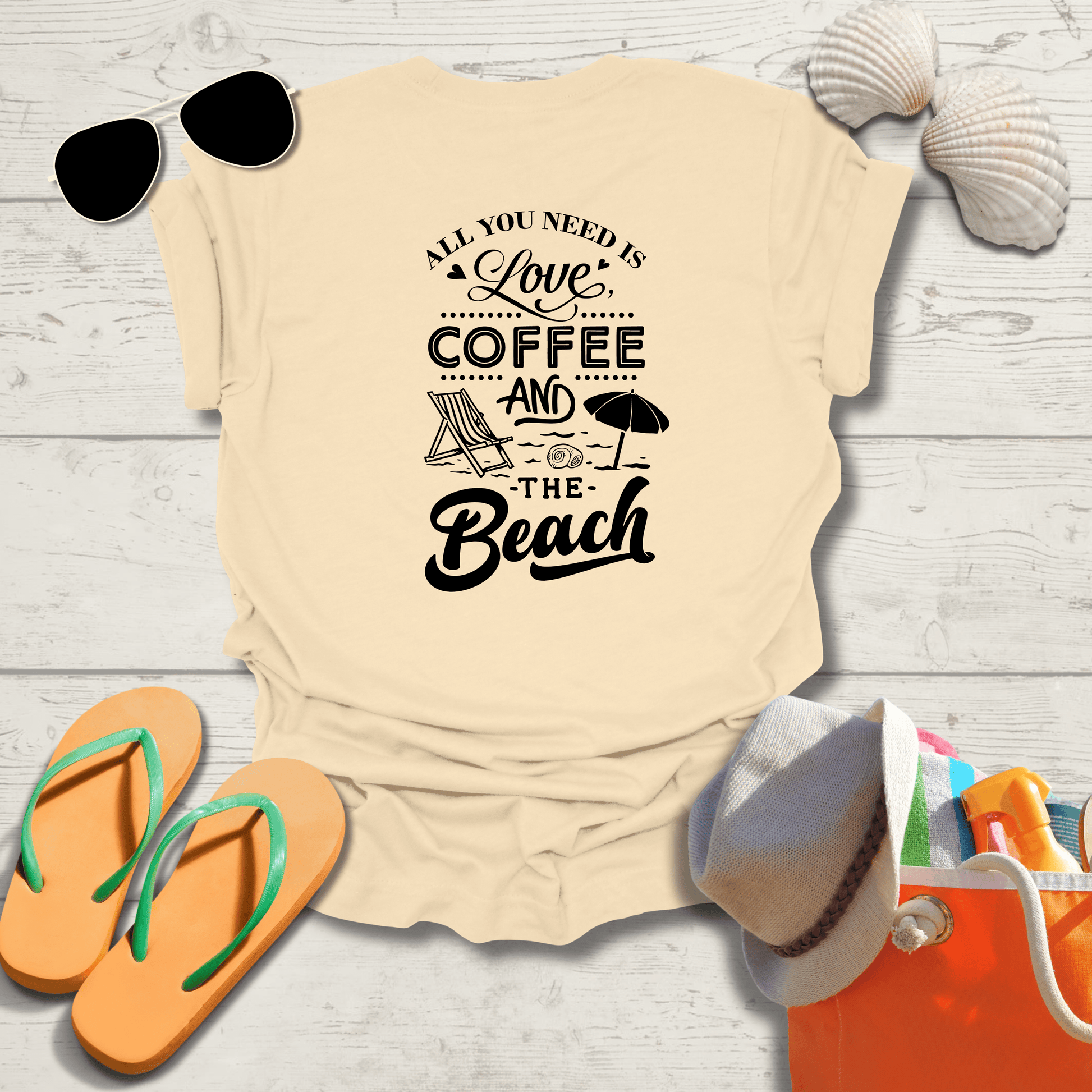 Printify T-Shirt All You Need Is Love Coffee and the Beach Unisex Jersey Short Sleeve Tee