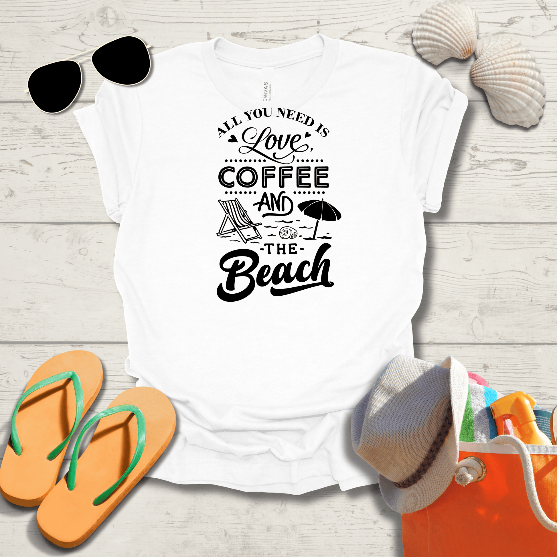 Printify T-Shirt All You Need Is Love Coffee and the Beach Unisex Jersey Short Sleeve Tee